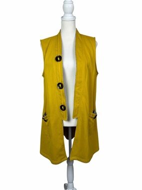 Design Mustard Yellow Open Front Vest Sleeveless Duster Cardigan Women’s Medium